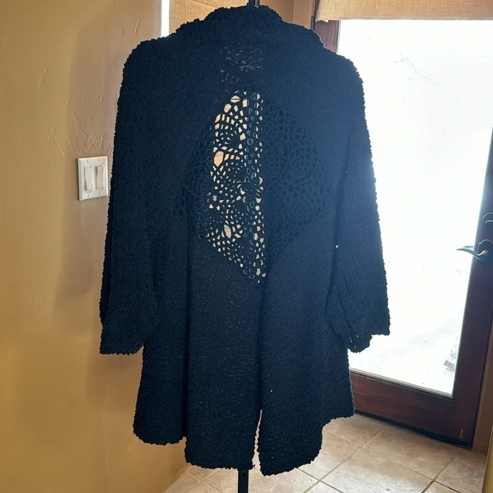 Dolce Cabo Black Chenille Crochet Lace Open Front Cardigan XL Boho Chic